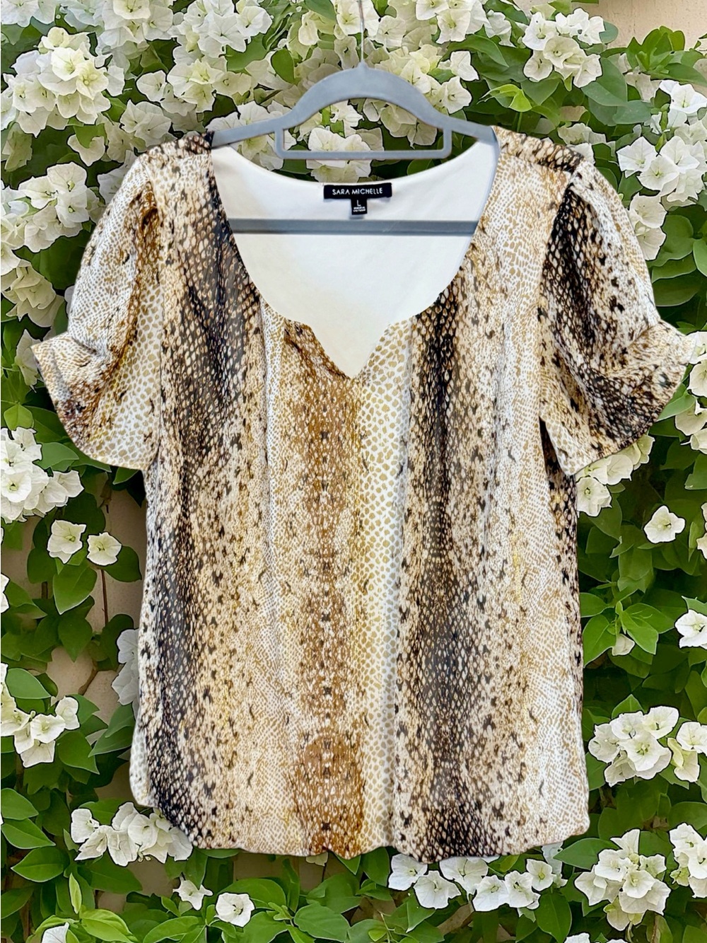 Sara Michelle Beige Brown Snake-Print Short Sleeve Top size Large